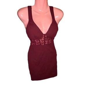 Crystal Doll Sexy Burgundy Red Mini Dress with Lace Detail Sz S